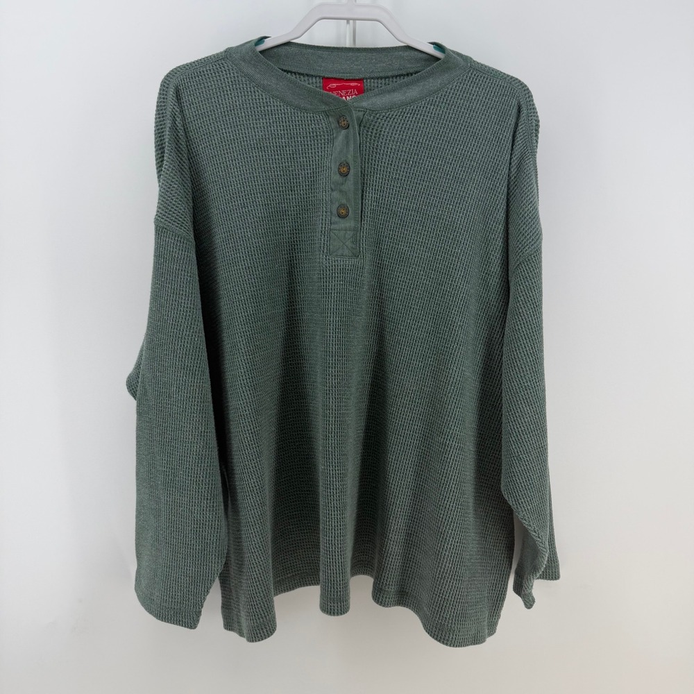 Venezia Jeans Henley Shirt Womens 26/28 Green Waffle Knit Thermal Top Gorpcore